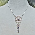 Vintage Danish Silver Tone Floral Pink Enamel and Purple Crystal Necklace signed Pilgrim