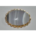 Vintage Gold Tone Cabochon Gray Banded Agate Brooch Pin