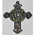 Vintage Art Nouveau Style Brass Budded Latin Cross Pendant with Howlite, Crystal and Green Enamel