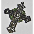 Vintage Art Nouveau Style Brass Budded Latin Cross Pendant with Howlite, Crystal and Green Enamel