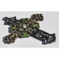 Vintage Art Nouveau Style Brass Budded Latin Cross Pendant with Howlite, Crystal and Green Enamel
