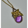 Vintage Gold Tone Necklace with Purple Glass, Brass Tone and Gold Tone Ceramic Flower Pendant