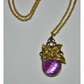 Vintage Gold Tone Necklace with Purple Glass, Brass Tone and Gold Tone Ceramic Flower Pendant