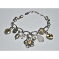 Vintage Chunky Silver Tone, Topaz Coloured Faceted Crystal, and Quartz Charm Bracelet signed D+H