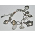 Vintage Chunky Silver Tone, Topaz Coloured Faceted Crystal, and Quartz Charm Bracelet signed D+H