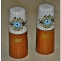 Retro Wood and Hand Painted Ceramic Top Salt and Pepper Shakers c1970