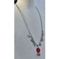 Vintage Silver Tone Charm Necklace with Red Bead and Woven Sphere Pendant