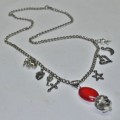 Vintage Silver Tone Charm Necklace with Red Bead and Woven Sphere Pendant