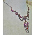 Vintage Antique Brass Tone, Red and Pink Crystal Festoon Style Necklace With Enamel Flowers