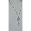 Vintage Matt Silver Tone Necklace with Silver Tone Butterfly Pendant, Dangling Charms and Crystal