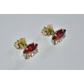 Vintage Gold Tone, Ruby Red and Clear Rhinestone Stud Earrings