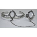 Vintage Silver Tone Bracelet and Ring Combo with White Stone