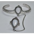 Vintage Silver Tone Bracelet and Ring Combo with White Stone