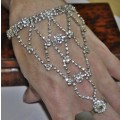 Vintage Silver Tone and Clear Rhinestone Hand Harness Bracelet and Ring Combo