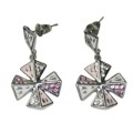 Vintage Silver Tone Maltese Cross Earrings with Light Pink and White Crystal and Enamel