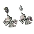 Vintage Silver Tone Maltese Cross Earrings with Light Pink and White Crystal and Enamel