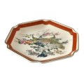 Vintage Hexagonal Japanese Satsuma Red and Gilt Display Plate with Peacock and Flower Decoration