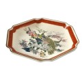 Vintage Hexagonal Japanese Satsuma Red and Gilt Display Plate with Peacock and Flower Decoration