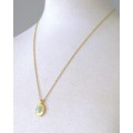 Vintage, Gold Tone Oval Pendant Necklace with Clear and Turquoise Stones