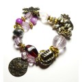 Vintage Purple, Brass and Silver Tone Multi-bead and Charms Stretch Bracelet