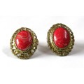 Vintage Clip on earrings with oval Red and White marbled ceramic in gold tone frame