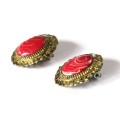 Vintage Clip on earrings with oval Red and White marbled ceramic in gold tone frame