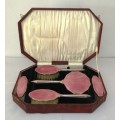 1930 Art Deco Sterling Silver 5 Piece Pink Guilloche Enamel Dresser Set