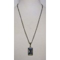 Vintage Antique Brass Tone Chain Necklace with Framed Butterfly Image set in resin