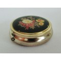 Vintage round gilt metal pill box with bouquet decoration - Made in Japan