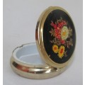 Vintage round gilt metal pill box with bouquet decoration - Made in Japan