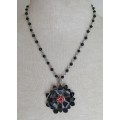 Vintage silver tone black and red flower pendant necklace