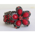 Vintage antique silver tone cuff bracelet with faceted clear and opaque red crystal