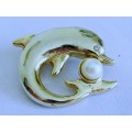 Vintage Mid-century 1970s gold tone and faux pearl Dolphin Brooch Pin