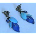 Vintage Antique Brass tone and Blue Enamels Leaf Drop Earrings