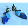 Vintage Antique Brass tone and Blue Enamels Leaf Drop Earrings