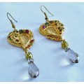 Vintage Gold tone, enamel and crystal drop earrings