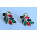 Vintage Gold tone, green, red, blue and black enamel stud earrings