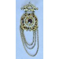 Vintage Gold tone, Ruby and Clear Faceted Crystal & Faux Seed Pearl Brooch Pin