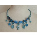 Vintage hand made aqua genuine Murano Glass beaded necklace with silver tone accents