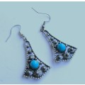 Vintage silver tone drop earrings with faux turquoise stone