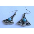 Vintage silver tone drop earrings with faux turquoise stone