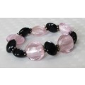 Vintage Black, Dusty Pink and Silver tone beaded stretch bracelet