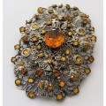 Czech Edwardian Filigree Brooch pin with Amber Topaz Faceted Glass Stones c1910