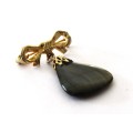 Vintage Gold Tone Bow Dangle Brooch pin with genuine green jasper stone