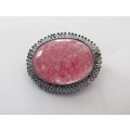 Vintage 1930s Art Deco Silver tone Czech Pink Mottled Glass Brooch Pin