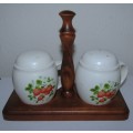 Retro 1970s Handled Ceramic Salt and Pepper Shakers on Wooden stand made in Japan