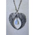 Vintage Ladies Silver-Tone Angels Wings Pendant Necklace with Simulated Glass Moonstone