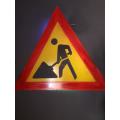 BIG TRIANGLE RED AND YELLOW ROADWORKS SIGN MANCAVE ITEM!  UP ON AUCTION !