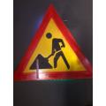 BIG TRIANGLE RED AND YELLOW ROADWORKS SIGN MANCAVE ITEM!  UP ON AUCTION !