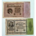 2 X EXTREMELY OLD DEUTSCHE REICHSBANK NOTE 100.000 and 50.000 MARK, BERLIN 1923 and 1922